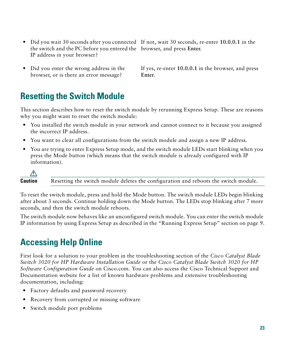 Resetting the switch module, Accessing help online | Cisco 3020 User Manual | Page 23 / 36