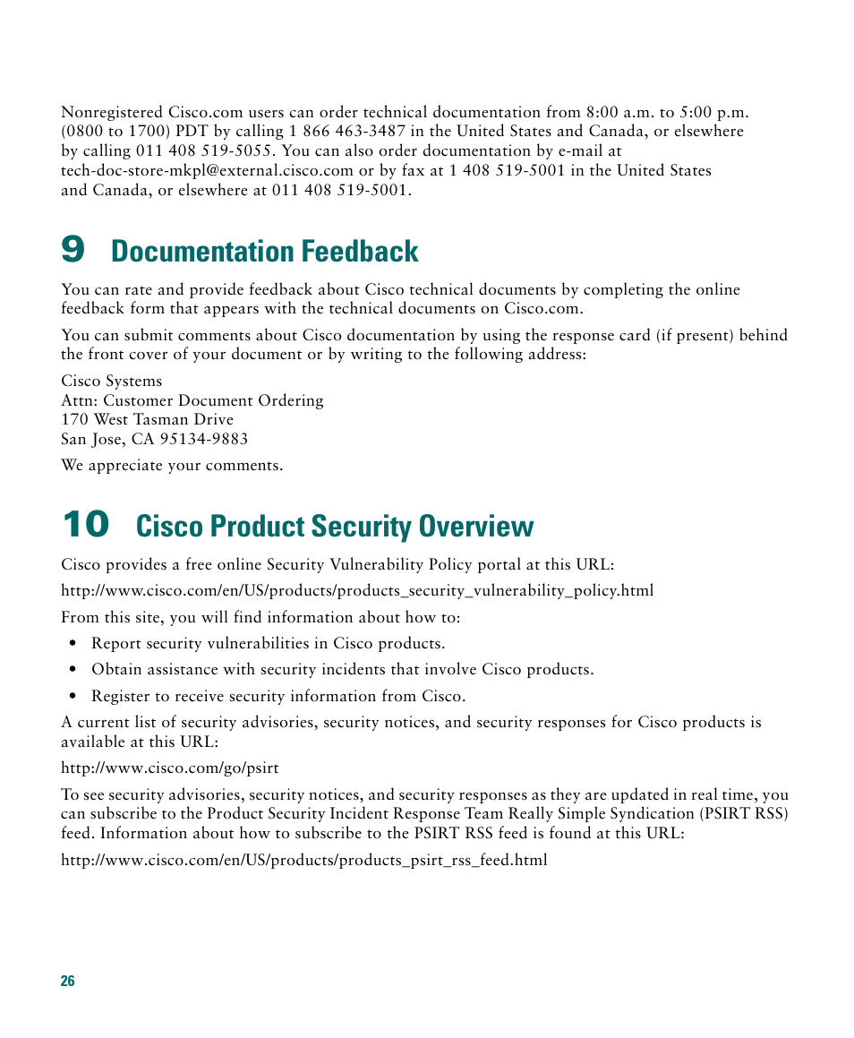 9 documentation feedback, 10 cisco product security overview, Documentation feedback | Cisco product security overview | Cisco 3020 User Manual | Page 26 / 36