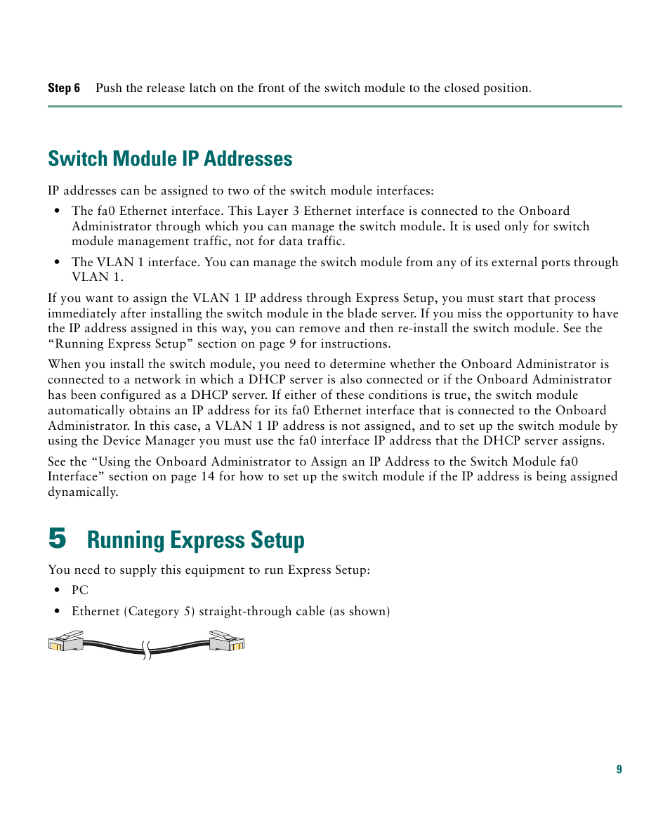Switch module ip addresses, 5 running express setup, Running express setup | Cisco 3020 User Manual | Page 9 / 36