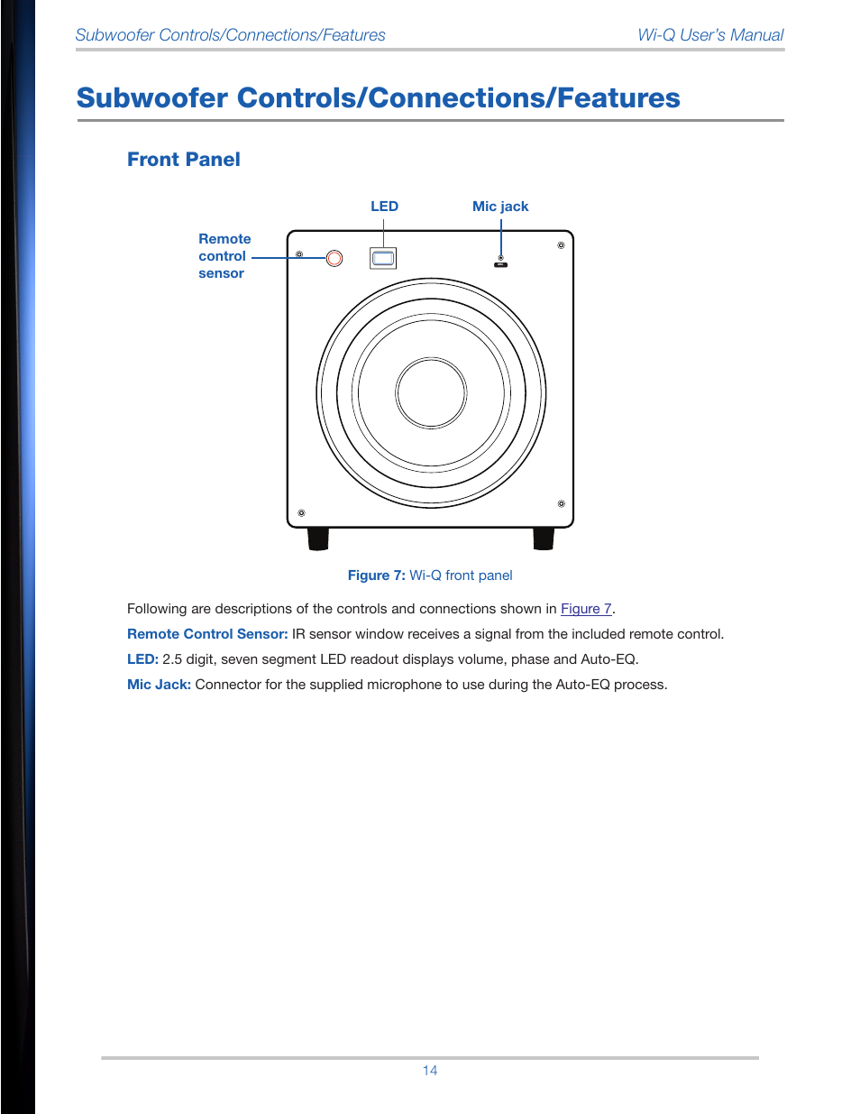 Subwoofer controls/connections/features, Front panel | Velodyne Wi-Q User Manual | Page 14 / 29