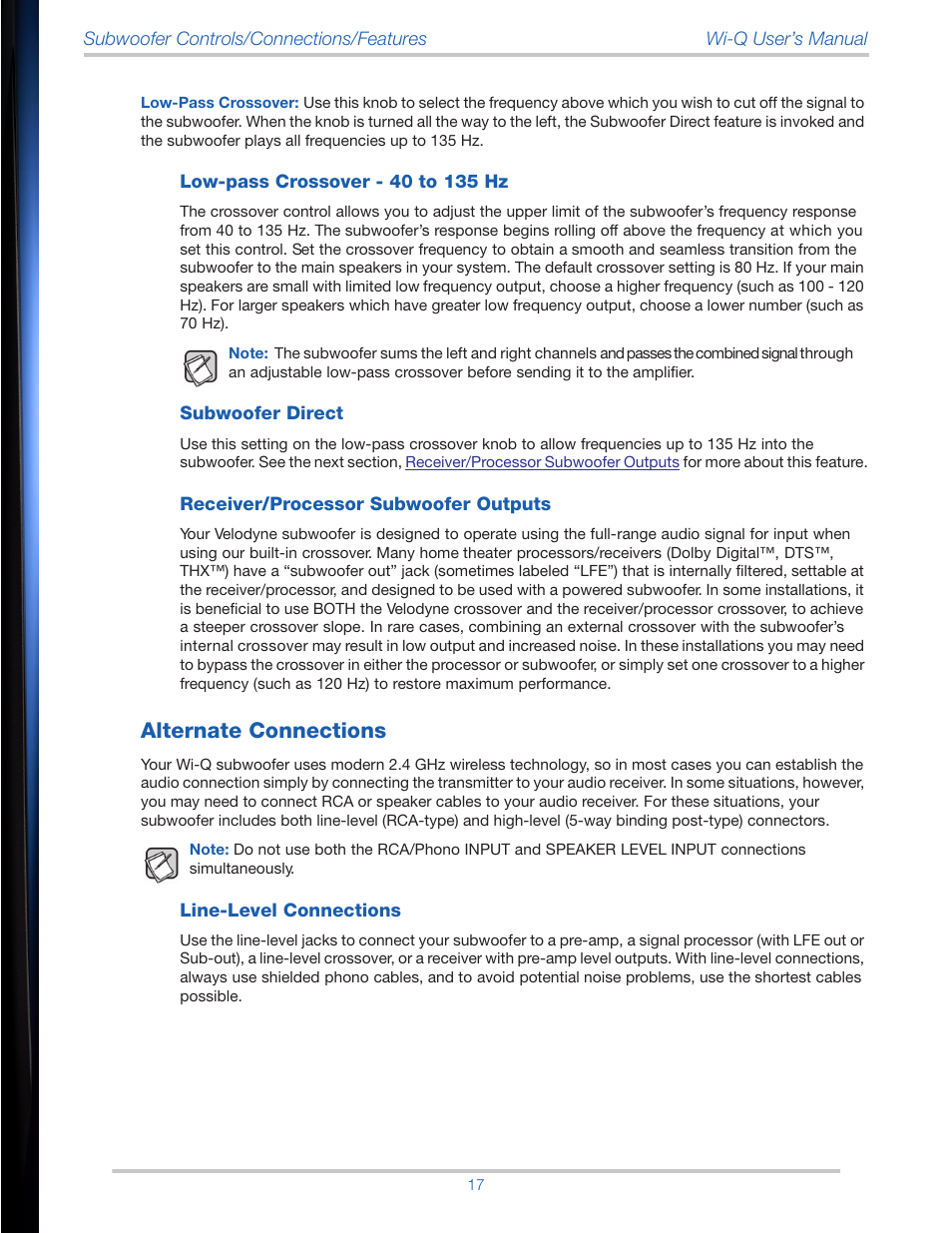 Alternate connections, Line-level connections, Low-pass crossover | For details on this | Velodyne Wi-Q User Manual | Page 17 / 29