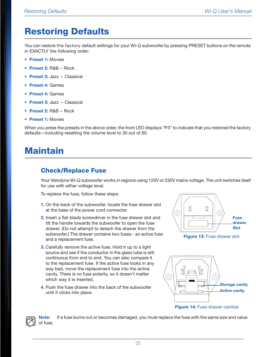 Restoring defaults, Check/replace fuse, Maintain | Velodyne Wi-Q User Manual | Page 22 / 29