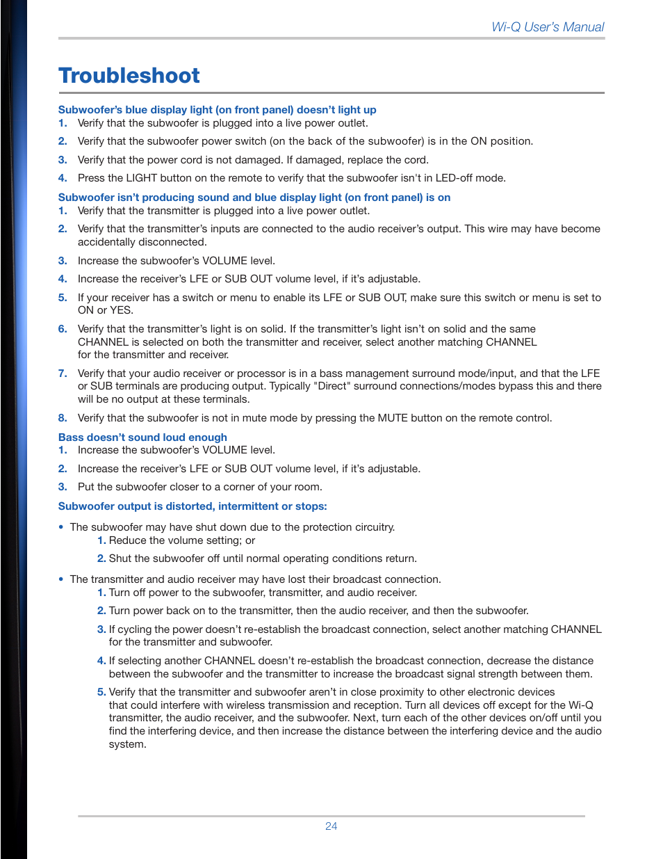 Troubleshoot, Reduce the volume setting; or | Velodyne Wi-Q User Manual | Page 24 / 29