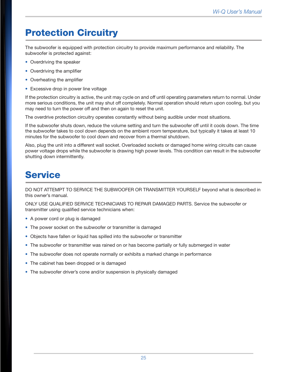 Protection circuitry, Service | Velodyne Wi-Q User Manual | Page 25 / 29