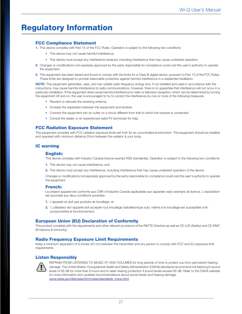 Regulatory information, This device may not cause interference, and, L'appareil ne doit pas produire de brouillage, et | Wi-q user’s manual, Fcc compliance statement, Fcc radiation exposure statement, Ic warning english, French, European union (eu) declaration of conformity, Radio frequency exposure limit requirements | Velodyne Wi-Q User Manual | Page 27 / 29