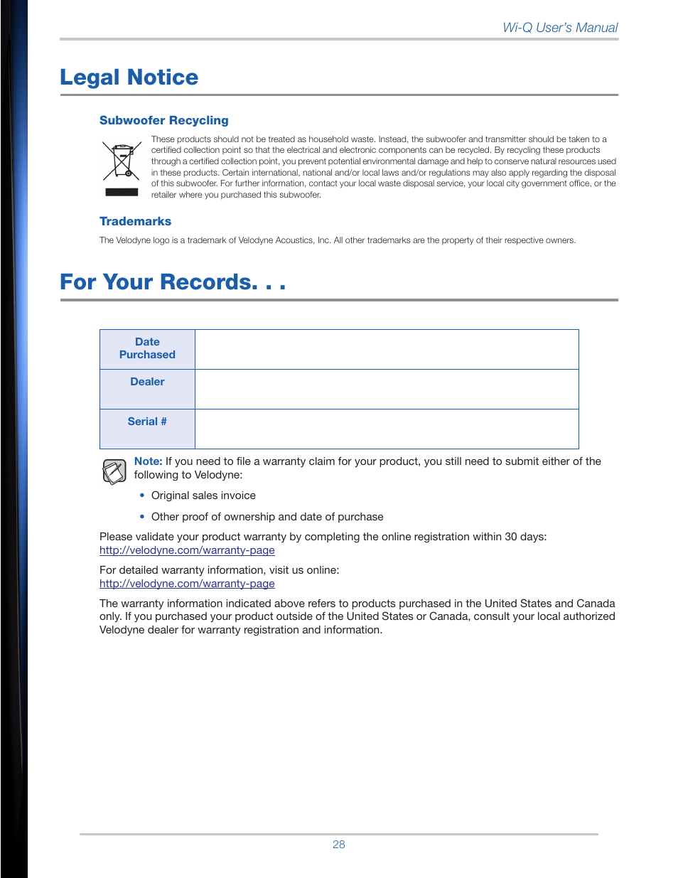 Legal notice, For your records, Ovided on | Velodyne Wi-Q User Manual | Page 28 / 29