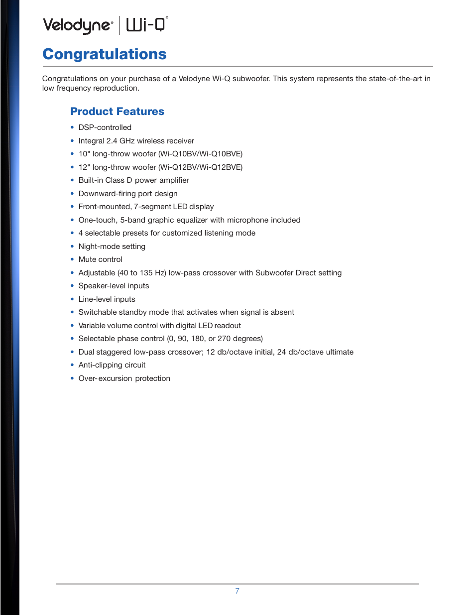 Congratulations, Product features | Velodyne Wi-Q User Manual | Page 7 / 29