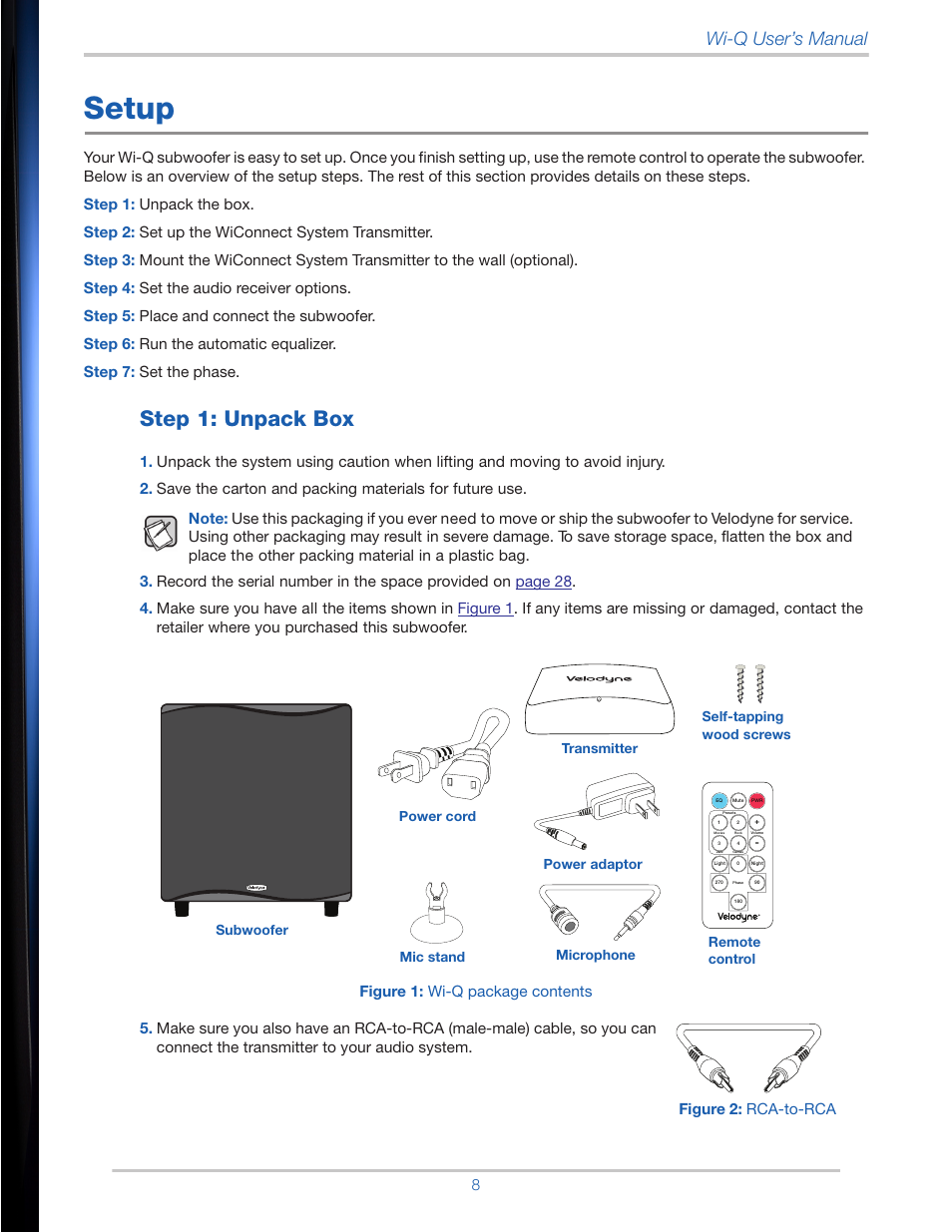 Setup, Step 1: unpack box, Wi-q user’s manual | Velodyne Wi-Q User Manual | Page 8 / 29