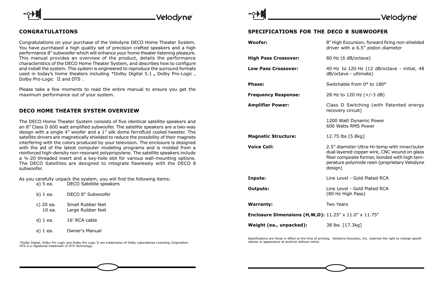 Deco home theater system overview, Specifications for the deco 8 subwoofer | Velodyne Deco User Manual | Page 4 / 12