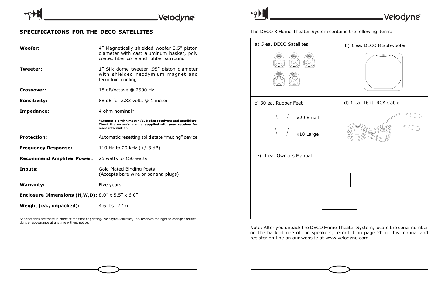 Specifications for the deco satellites | Velodyne Deco User Manual | Page 5 / 12
