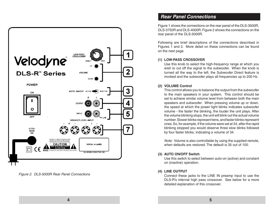 Rear panel connections | Velodyne DLS-R Series User Manual | Page 3 / 9