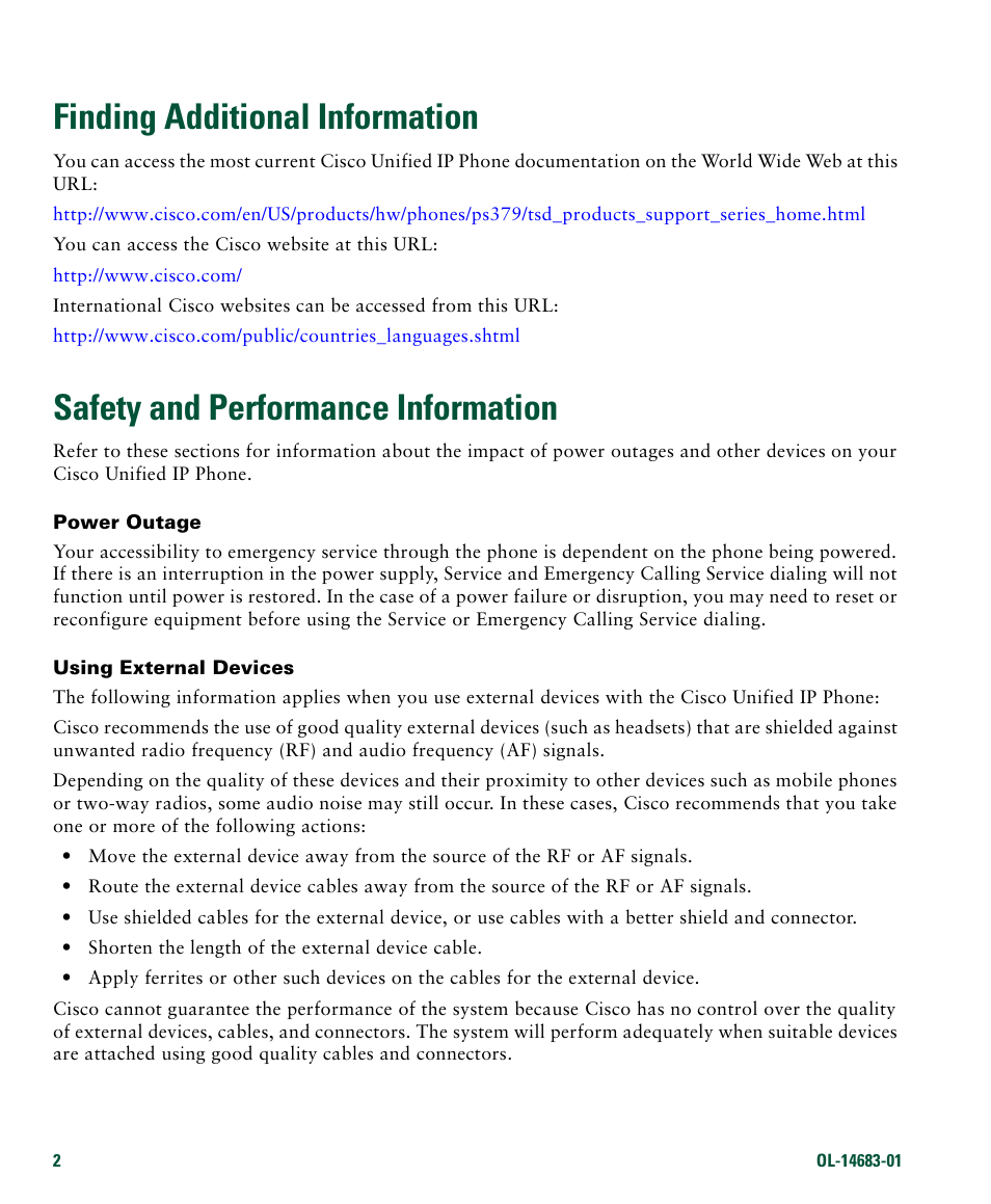 Finding additional information, Safety and performance information | Cisco IP Phone 7961G User Manual | Page 10 / 90