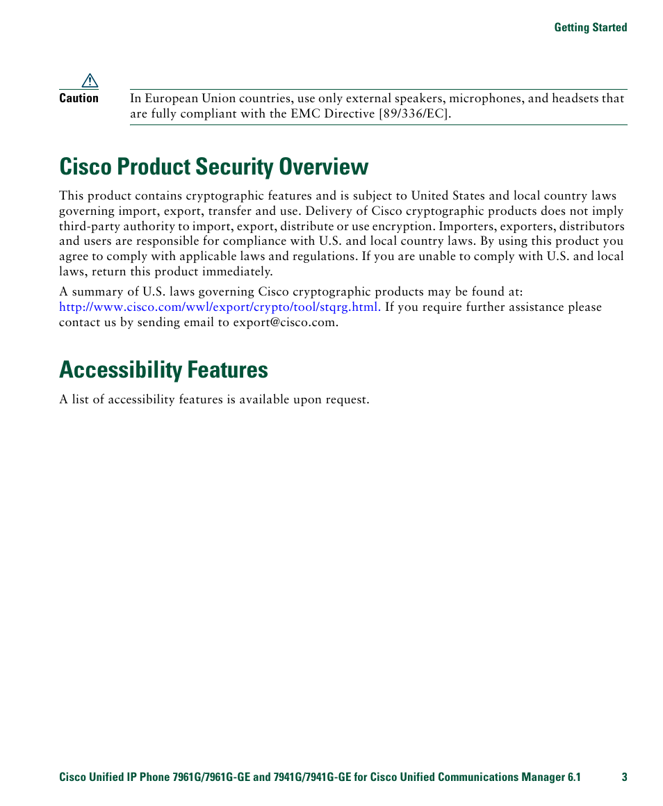 Cisco product security overview, Accessibility features | Cisco IP Phone 7961G User Manual | Page 11 / 90