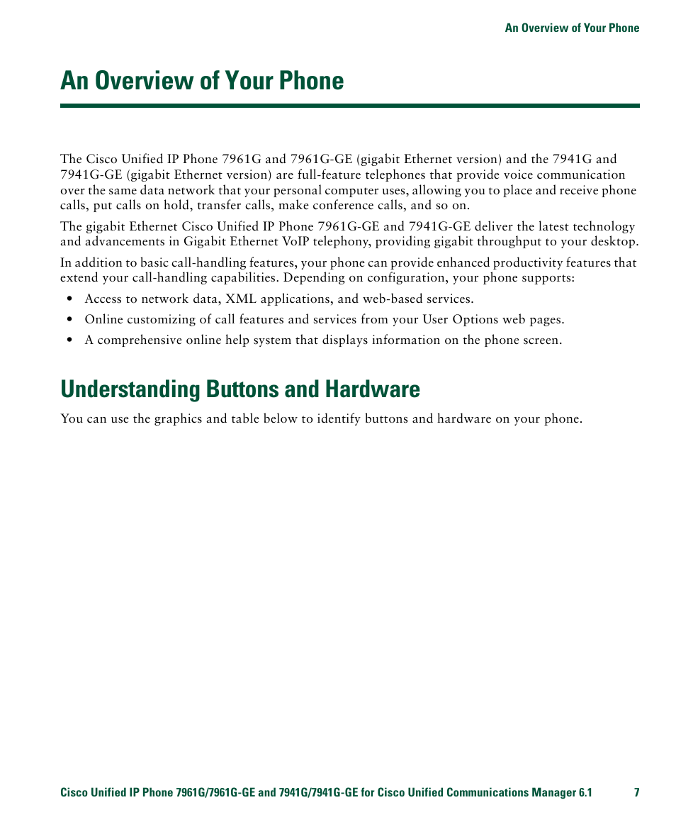 An overview of your phone, Understanding buttons and hardware | Cisco IP Phone 7961G User Manual | Page 15 / 90