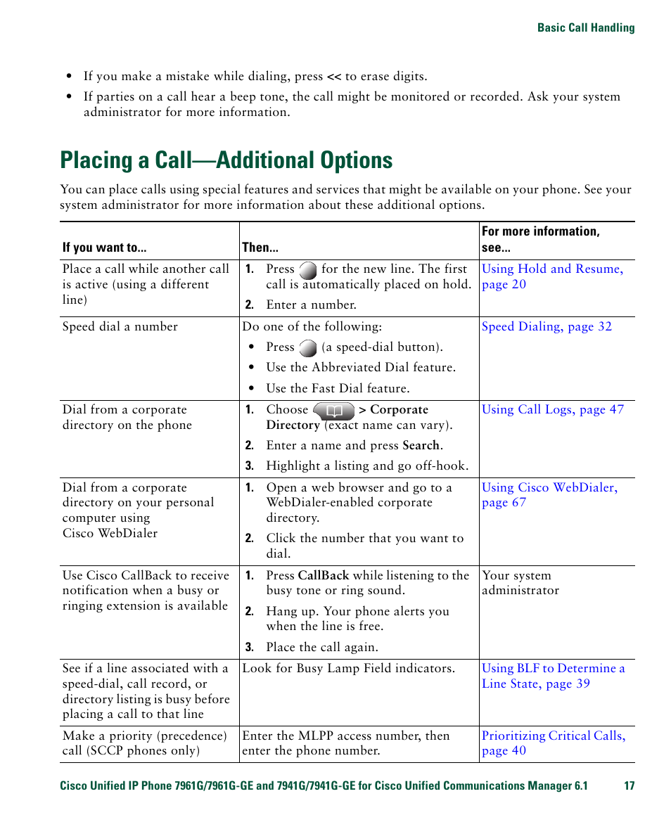 Placing a call-additional options, Placing a call—additional options | Cisco IP Phone 7961G User Manual | Page 25 / 90