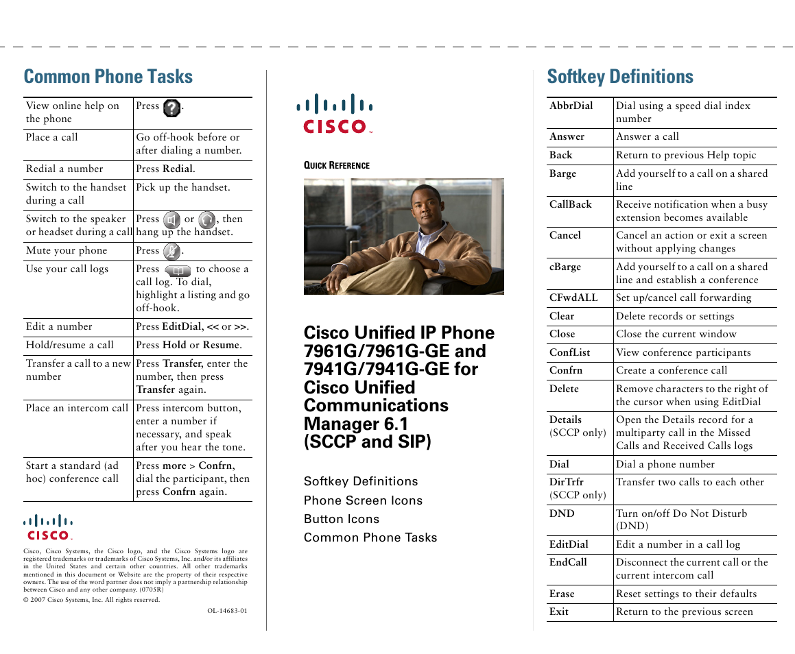 Quick reference, Softkey definitions, Common phone tasks | Cisco IP Phone 7961G User Manual | Page 3 / 90