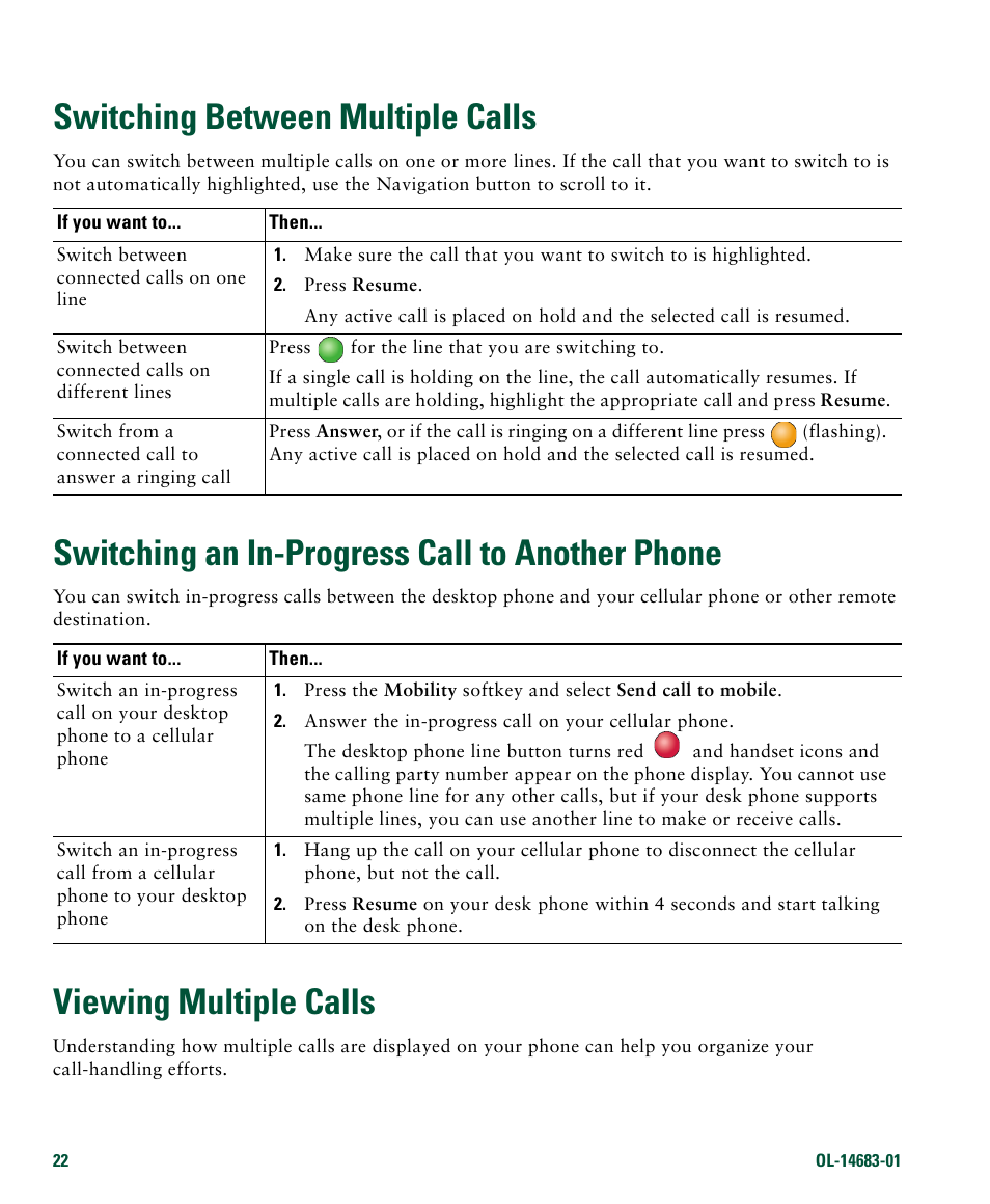 Switching between multiple calls, Switching an in-progress call to another phone, Viewing multiple calls | Cisco IP Phone 7961G User Manual | Page 30 / 90
