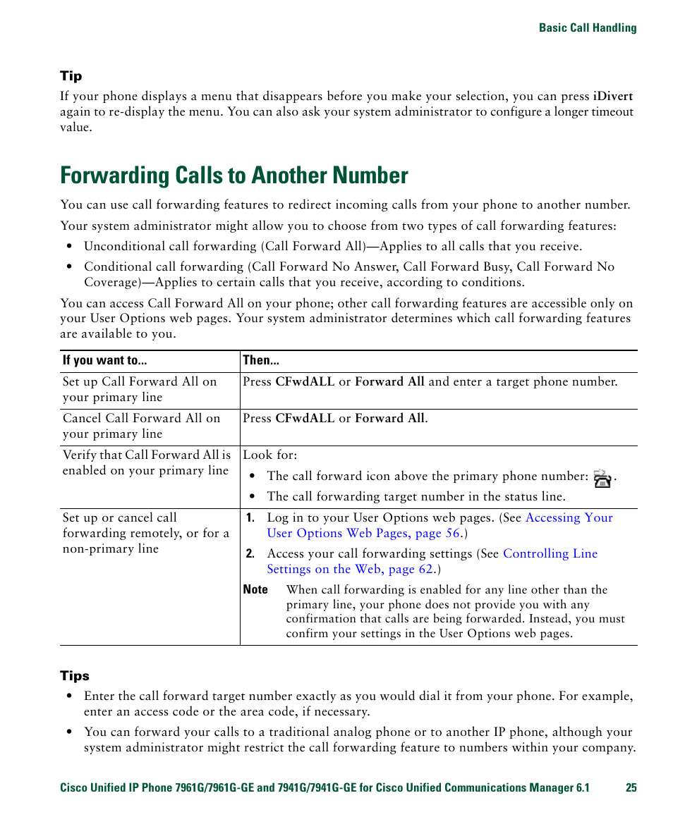 Forwarding calls to another number | Cisco IP Phone 7961G User Manual | Page 33 / 90