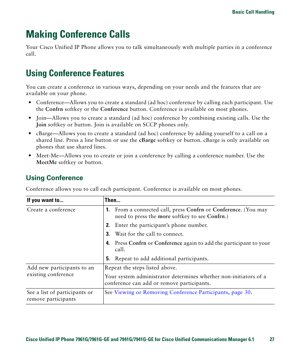 Making conference calls, Using conference features, Using conference | Cisco IP Phone 7961G User Manual | Page 35 / 90