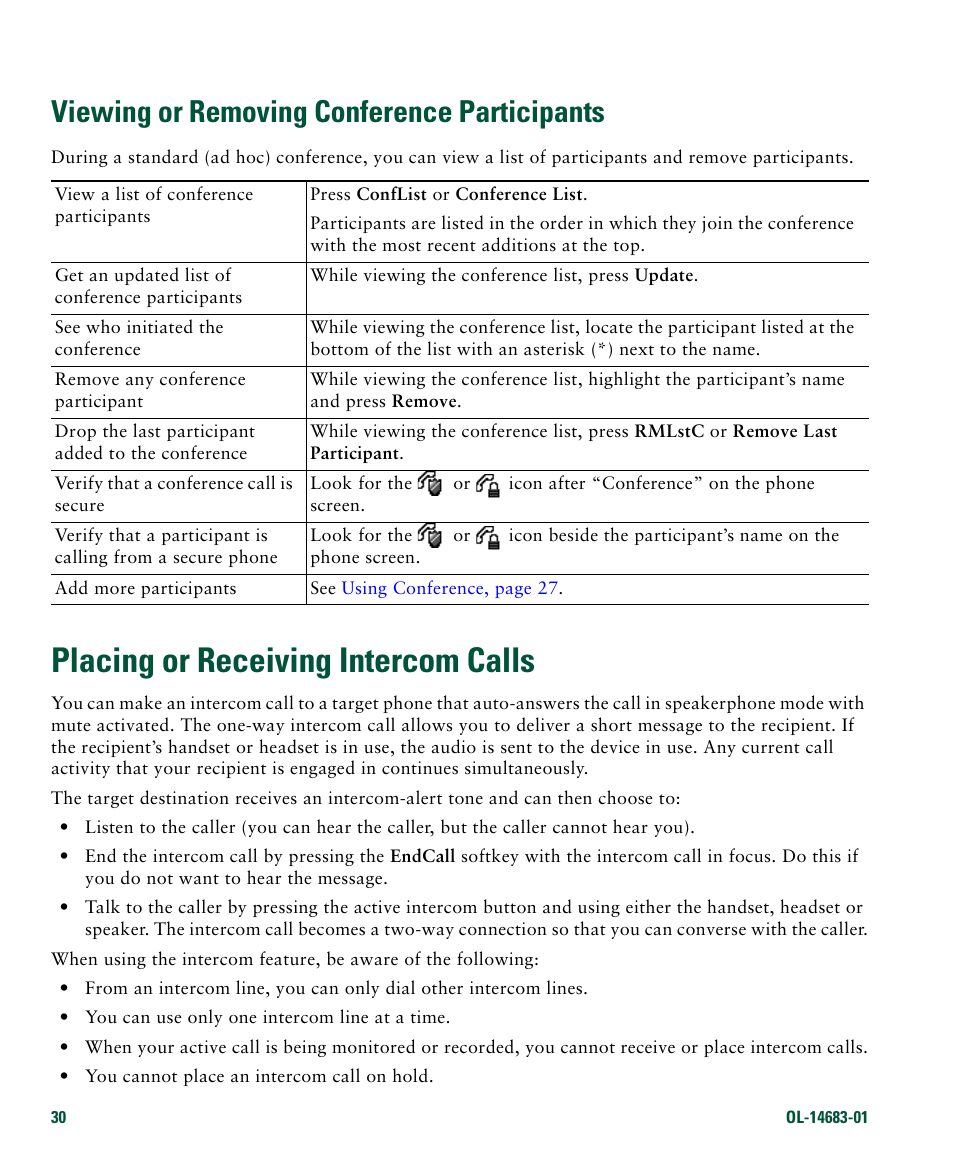 Viewing or removing conference participants, Placing or receiving intercom calls, Tercom line is not in use. see | Placing or | Cisco IP Phone 7961G User Manual | Page 38 / 90