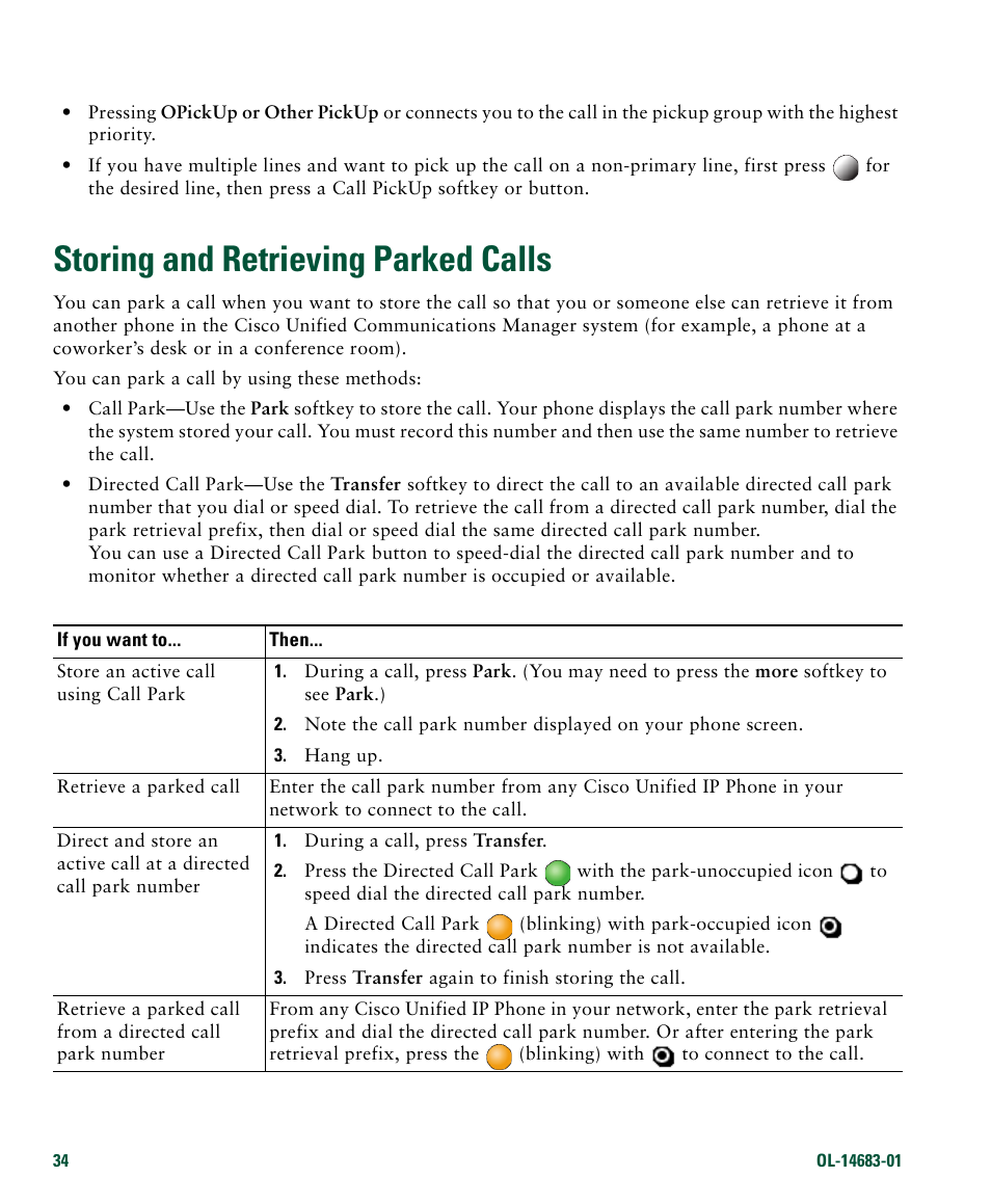 Storing and retrieving parked calls | Cisco IP Phone 7961G User Manual | Page 42 / 90