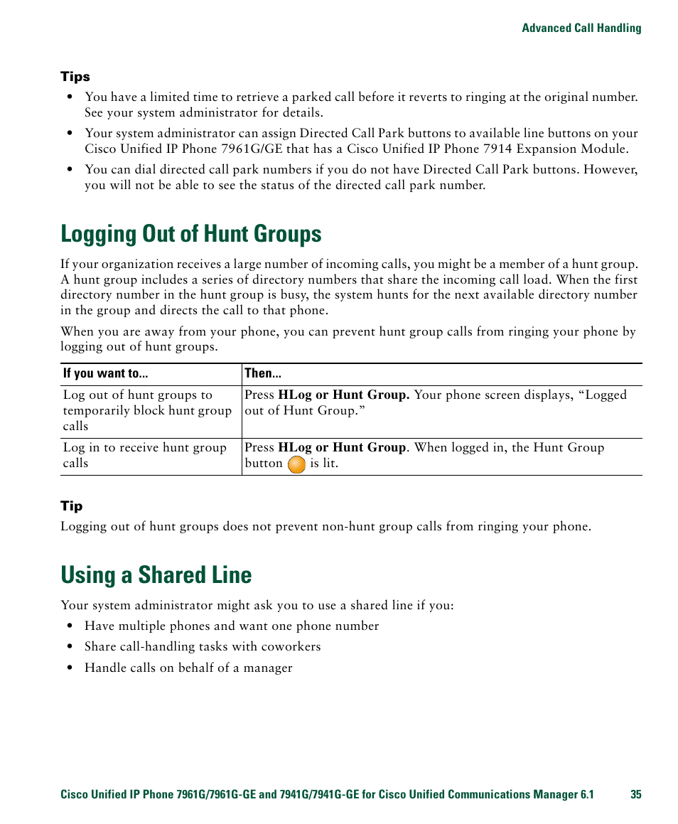 Logging out of hunt groups, Using a shared line, Using a | For details | Cisco IP Phone 7961G User Manual | Page 43 / 90