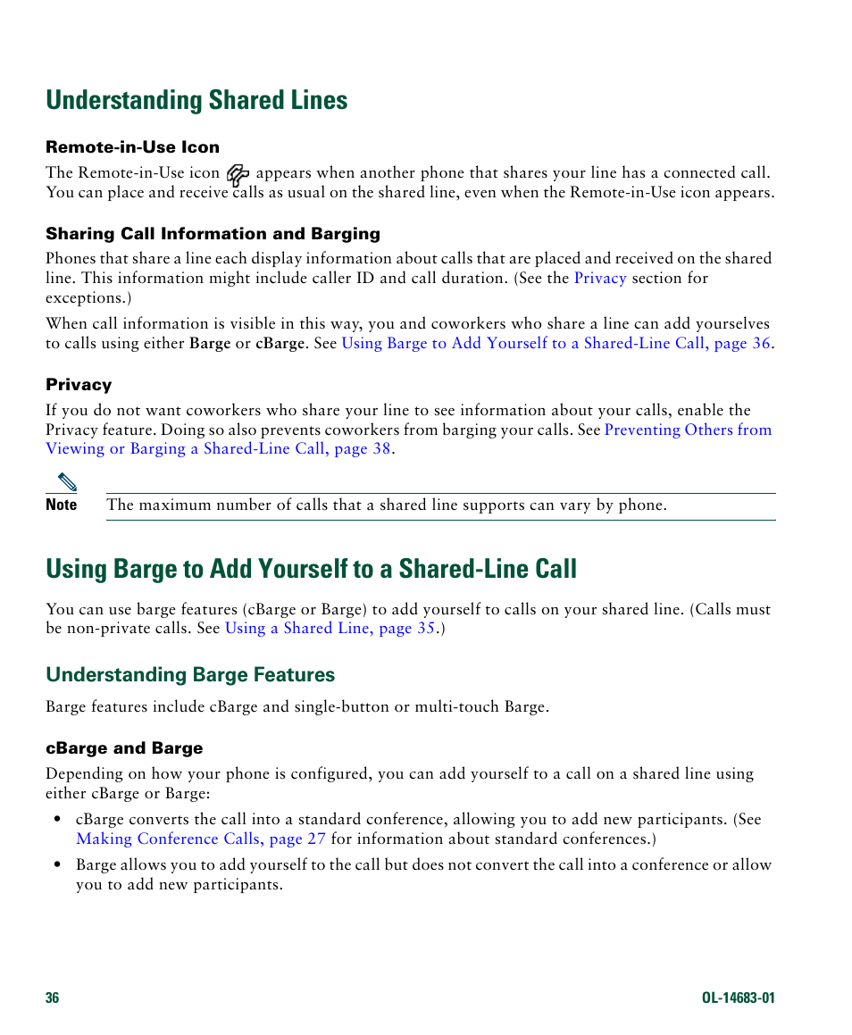 Understanding shared lines, Using barge to add yourself to a shared-line call, Understanding barge features | Cisco IP Phone 7961G User Manual | Page 44 / 90