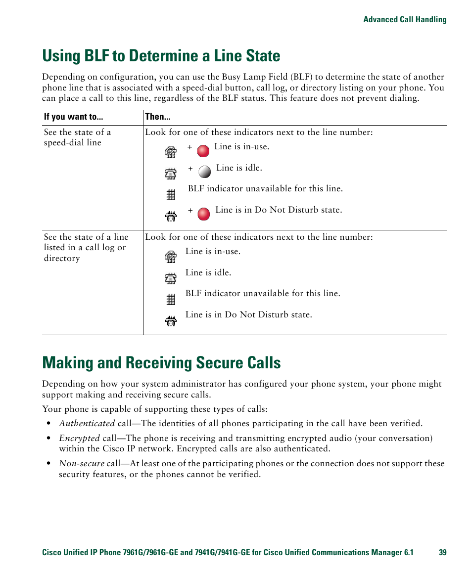 Using blf to determine a line state, Making and receiving secure calls, Using blf to | Cisco IP Phone 7961G User Manual | Page 47 / 90