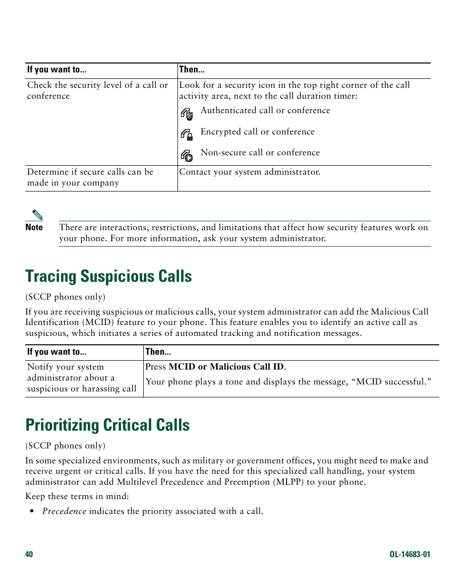 Tracing suspicious calls, Prioritizing critical calls | Cisco IP Phone 7961G User Manual | Page 48 / 90