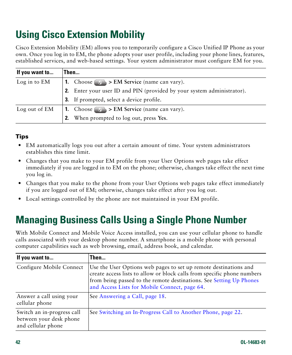 Using cisco extension mobility, Managing business | Cisco IP Phone 7961G User Manual | Page 50 / 90