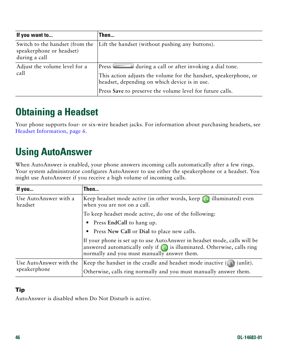 Obtaining a headset, Using autoanswer | Cisco IP Phone 7961G User Manual | Page 54 / 90