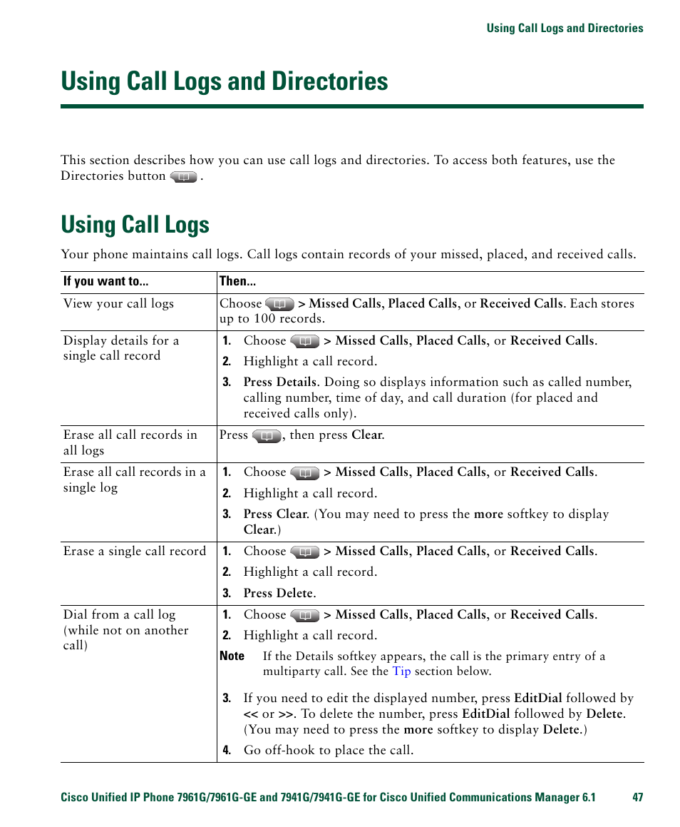 Using call logs and directories, Using call logs | Cisco IP Phone 7961G User Manual | Page 55 / 90