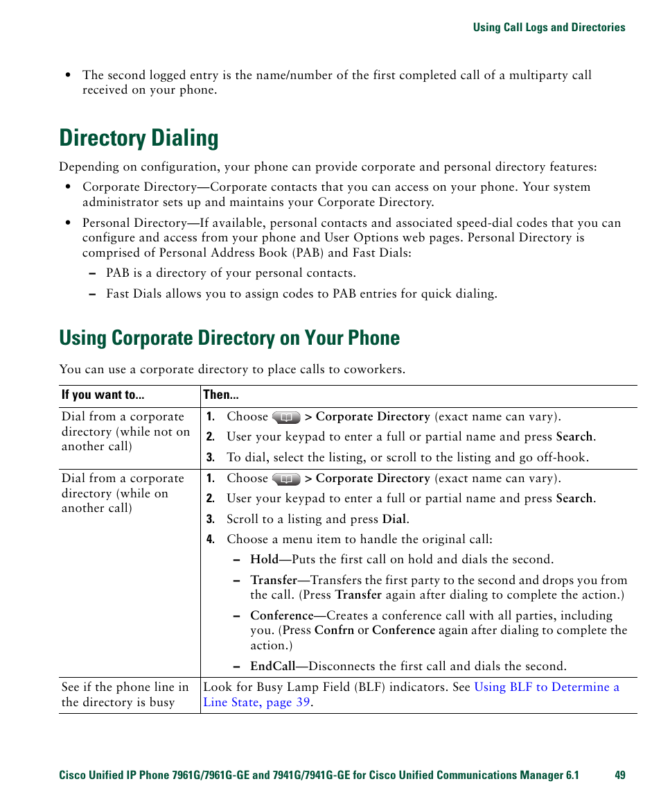 Directory dialing, Using corporate directory on your phone | Cisco IP Phone 7961G User Manual | Page 57 / 90