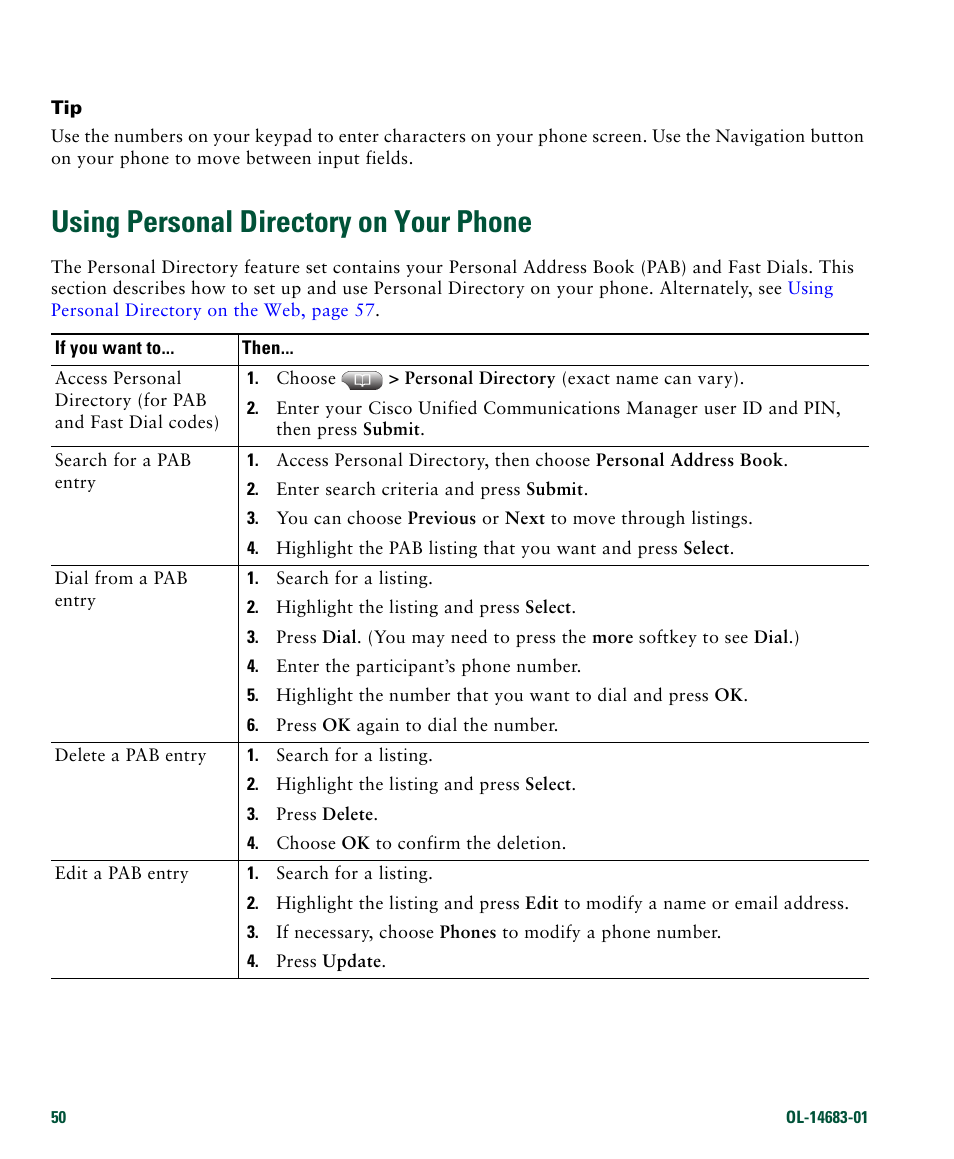 Using personal directory on your phone, Using personal | Cisco IP Phone 7961G User Manual | Page 58 / 90
