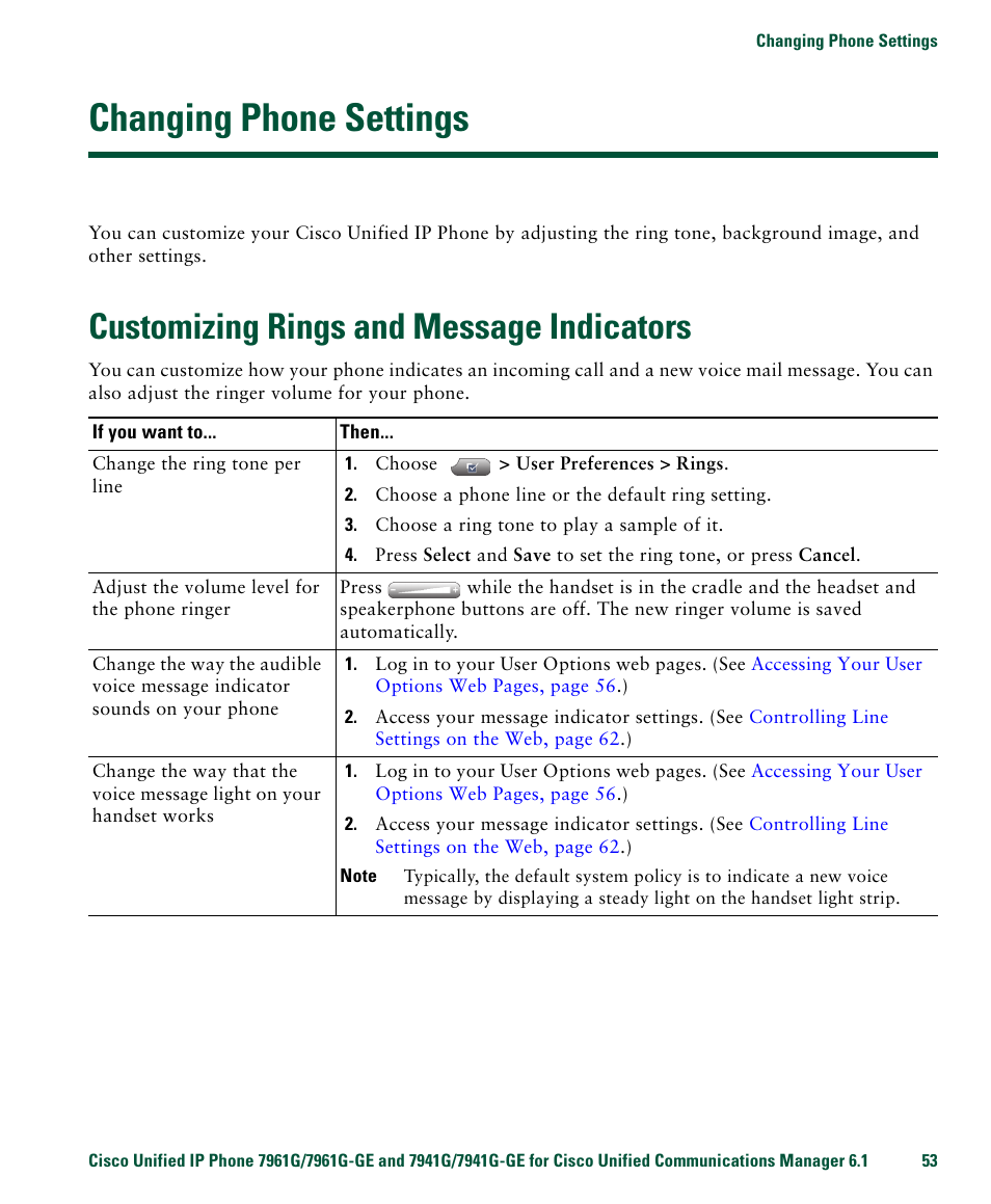 Changing phone settings, Customizing rings and message indicators | Cisco IP Phone 7961G User Manual | Page 61 / 90
