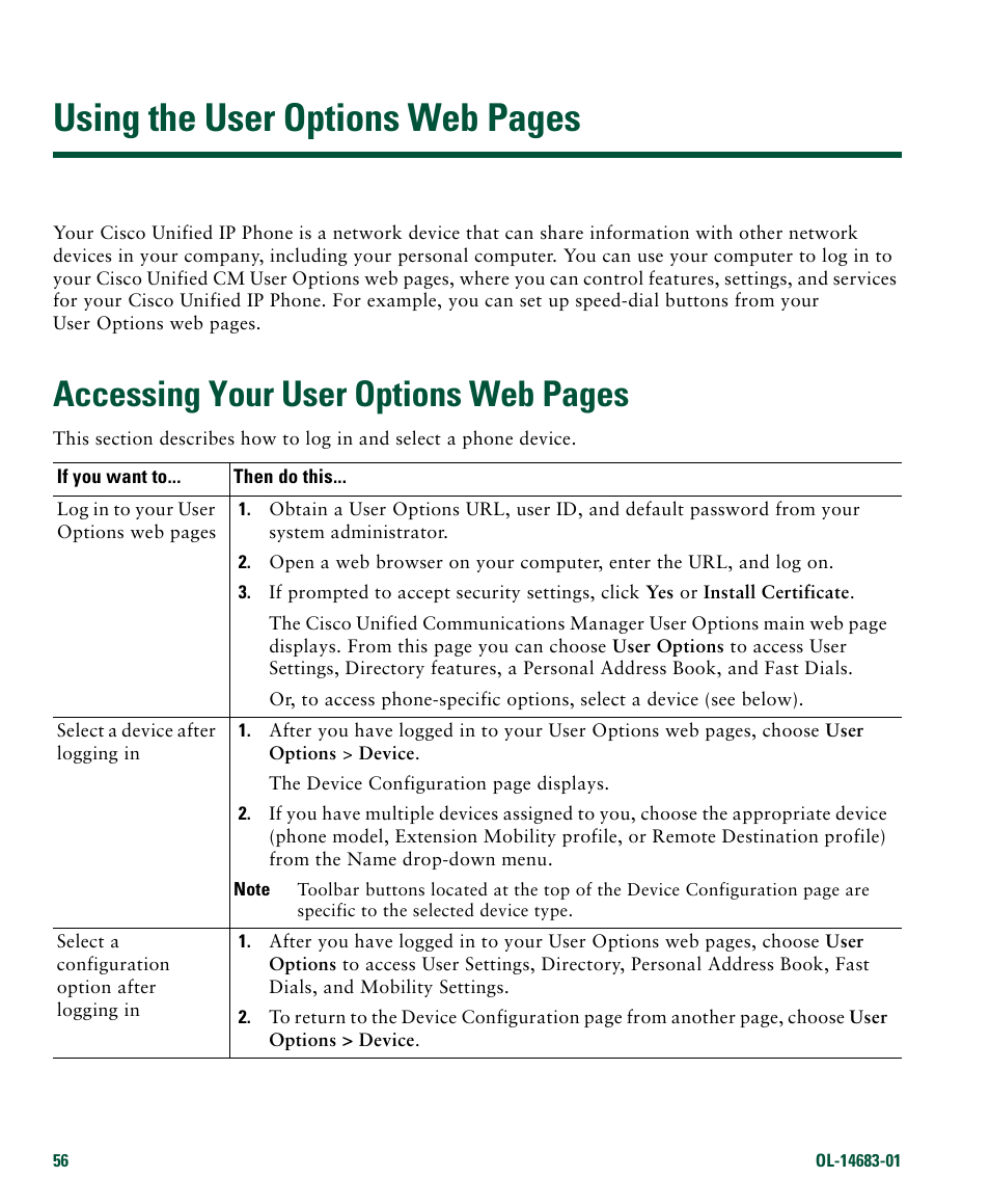 Accessing your, Accessing your user, Using the user options web pages | Accessing your user options web pages | Cisco IP Phone 7961G User Manual | Page 64 / 90