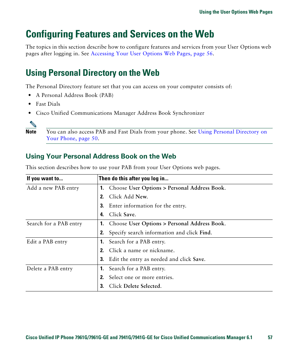 Configuring features and services on the web, Using personal directory on the web, Using your personal address book on the web | Using | Cisco IP Phone 7961G User Manual | Page 65 / 90