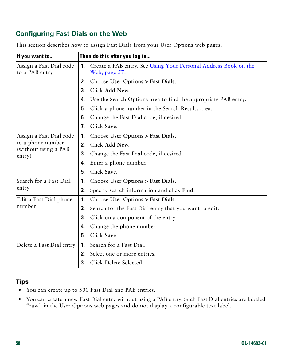 Configuring fast dials on the web | Cisco IP Phone 7961G User Manual | Page 66 / 90
