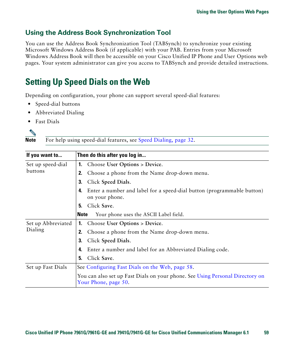 Using the address book synchronization tool, Setting up speed dials on the web | Cisco IP Phone 7961G User Manual | Page 67 / 90