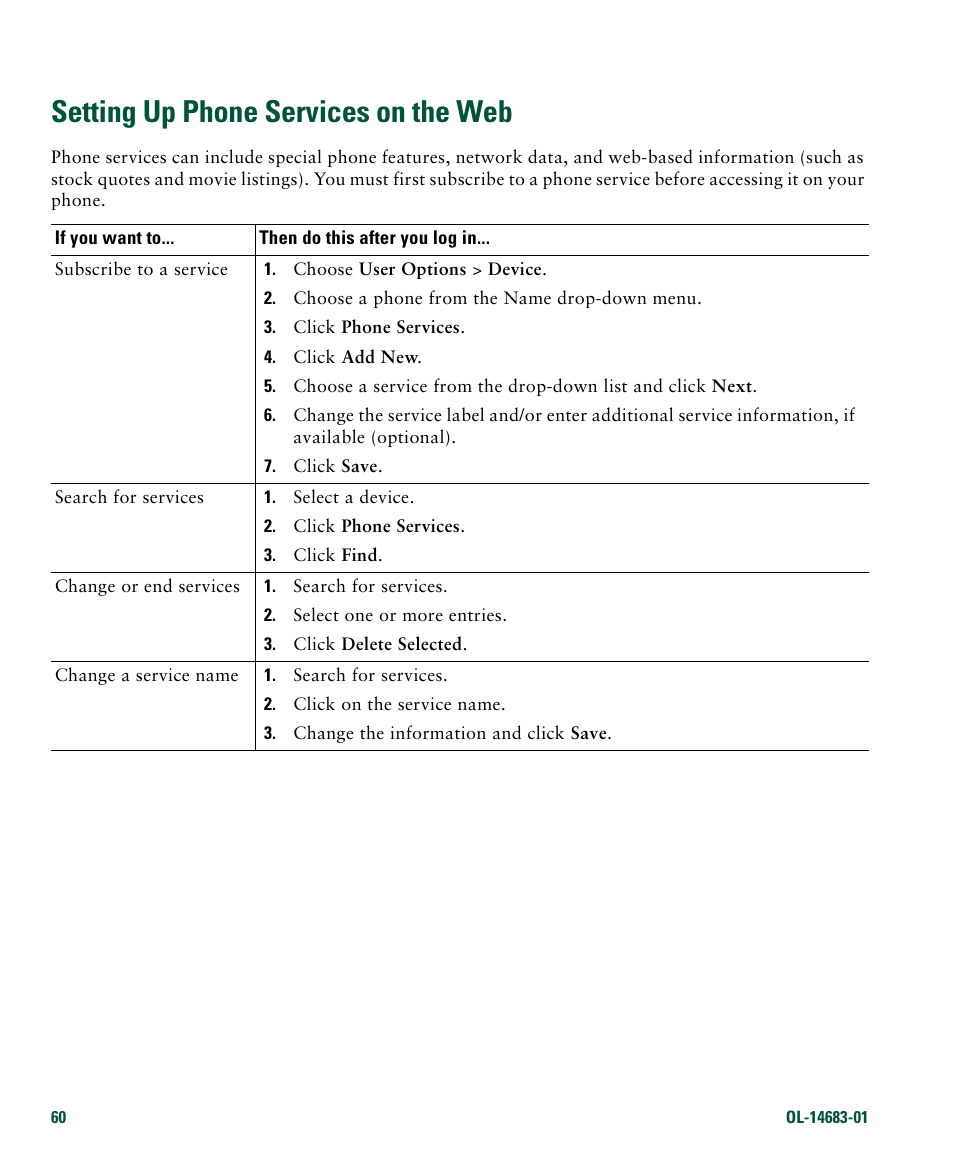 Setting up phone services on the web | Cisco IP Phone 7961G User Manual | Page 68 / 90