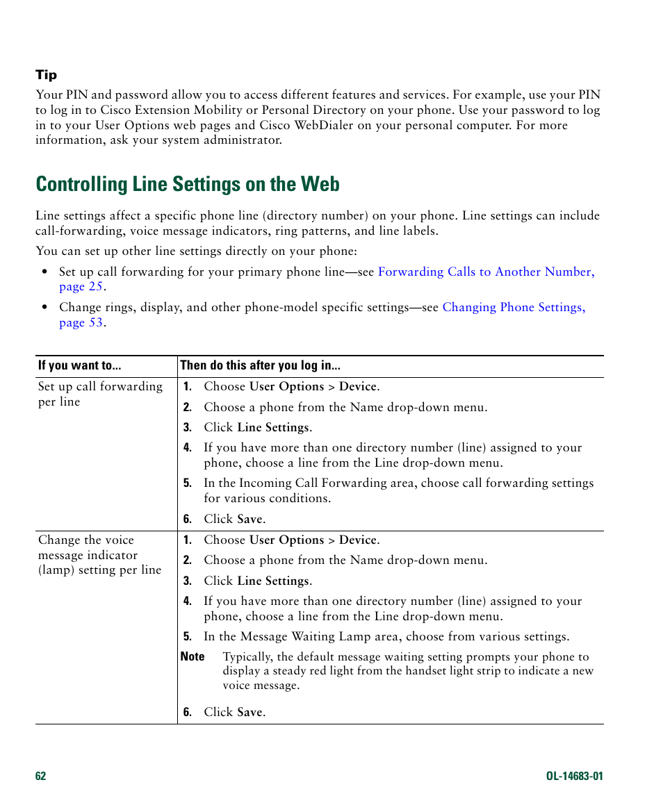 Controlling line settings on the web, Controlling line, Controlling line settings on the | Cisco IP Phone 7961G User Manual | Page 70 / 90