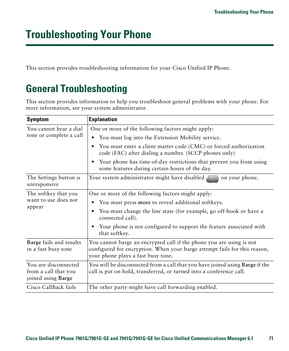 Troubleshooting your phone, General troubleshooting | Cisco IP Phone 7961G User Manual | Page 79 / 90