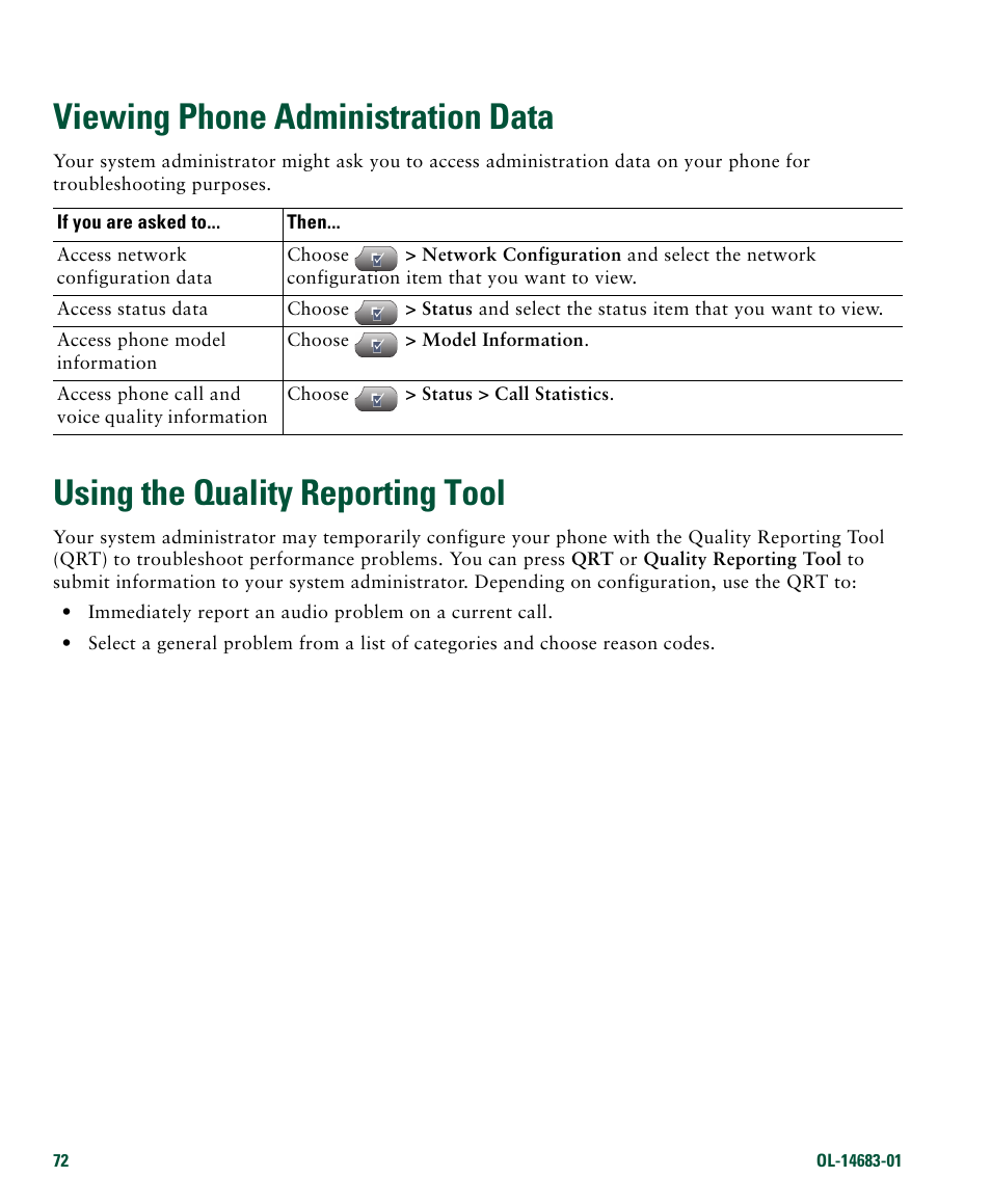 Viewing phone administration data, Using the quality reporting tool | Cisco IP Phone 7961G User Manual | Page 80 / 90