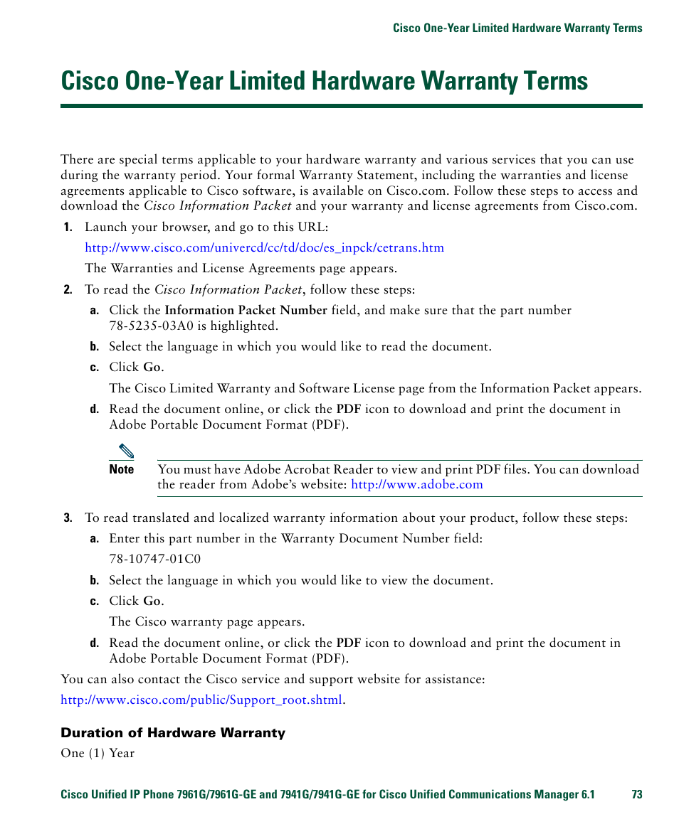 Cisco one-year limited hardware warranty terms | Cisco IP Phone 7961G User Manual | Page 81 / 90