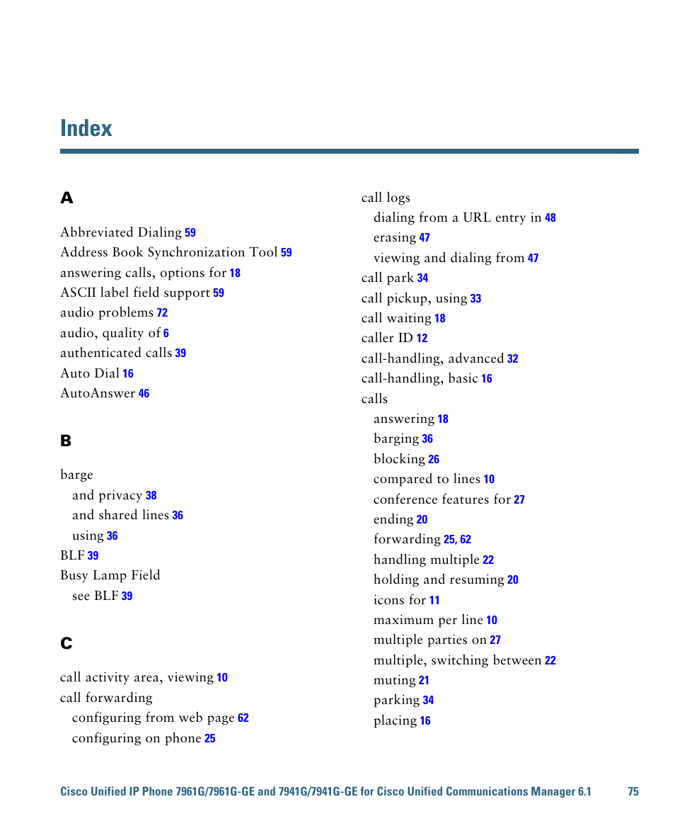 Index | Cisco IP Phone 7961G User Manual | Page 83 / 90