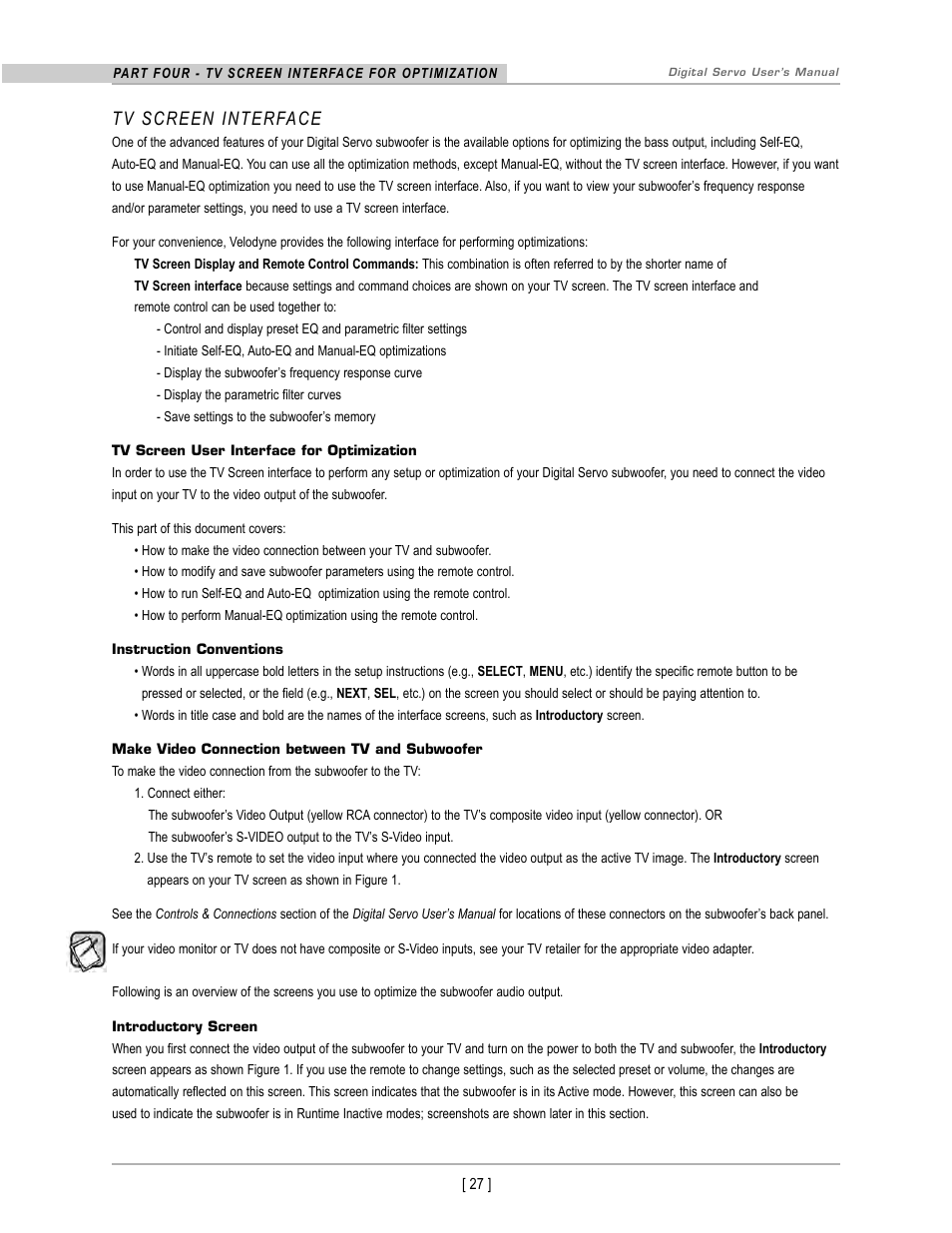 Tv screen interface | Velodyne DS-10 User Manual | Page 30 / 49