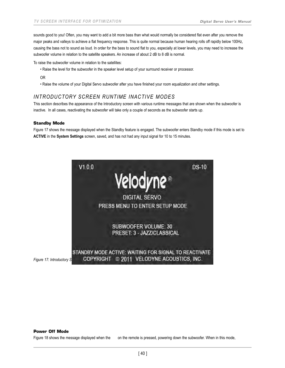 Introductory screen runtime inactive modes | Velodyne DS-10 User Manual | Page 43 / 49