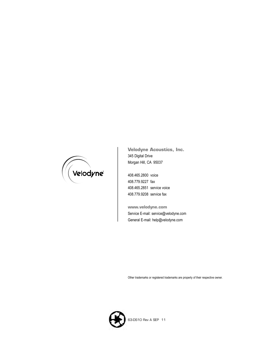 Velodyne DS-10 User Manual | Page 49 / 49