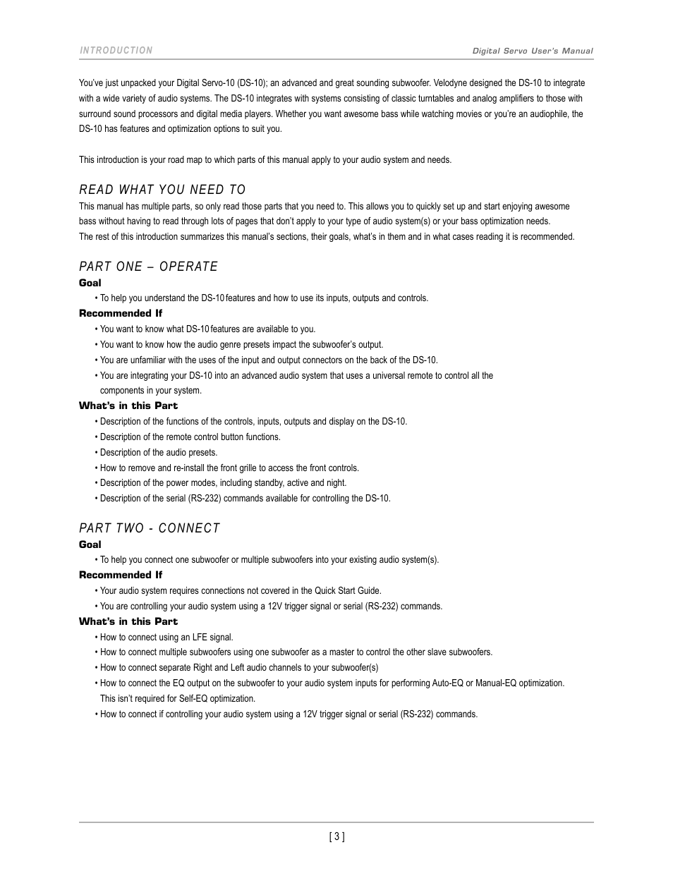 Read what you need to, Part one – operate, Part two - connect | Velodyne DS-10 User Manual | Page 6 / 49