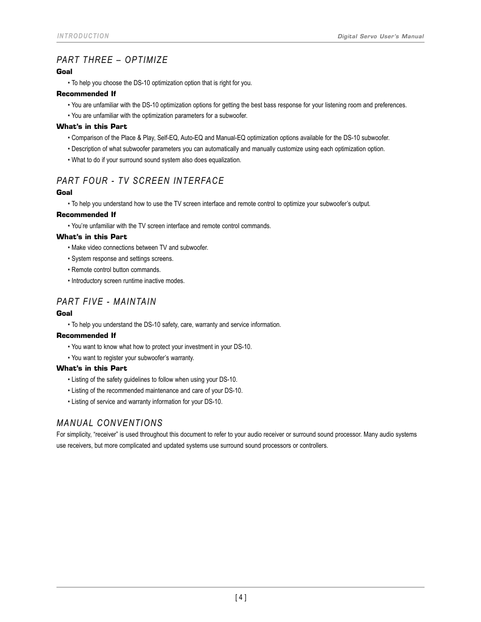 Part three – optimize, Part four - tv screen interface, Part five - maintain | Manual conventions | Velodyne DS-10 User Manual | Page 7 / 49